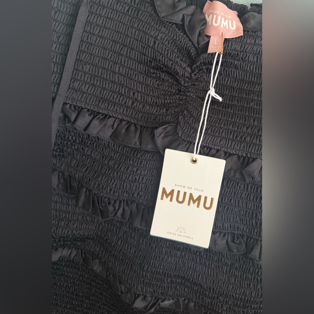 NWT Show Me Your MuMu Stella Black Smocked Midi Dress Size L Ret $265 - Picture 7 of 7
